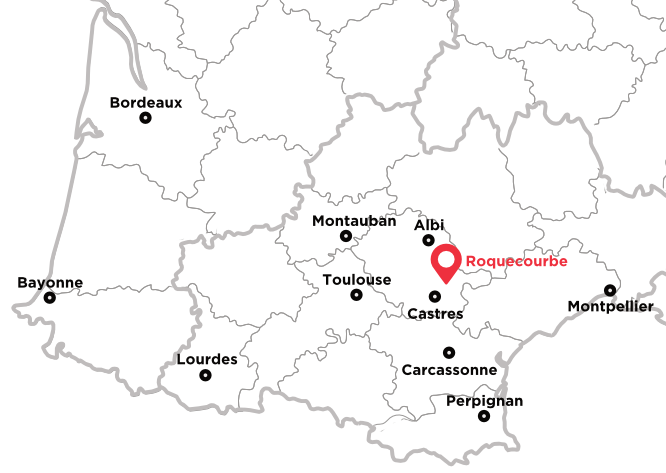 Carte de situation de Roquecourbe dans le Tarn, entre Castres et Albi